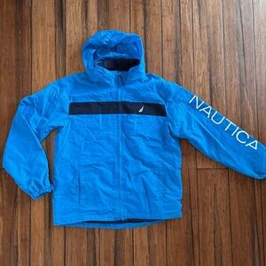 Nautica Jacket Blue Tuck Away Hood Water Resistant Boys XL 12-14